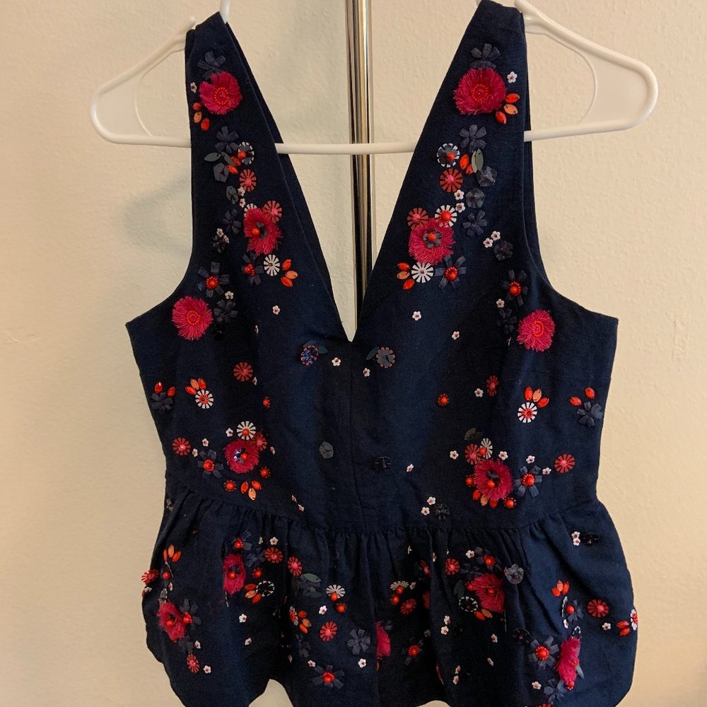 J Crew- Navy Hand embellished peplum top in cotton linen